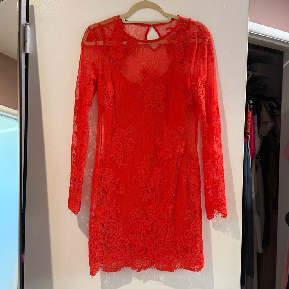 Lovers + Friends Red Lace Long Sleeve Dress